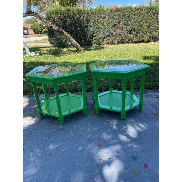 Green A Pair of Mid-20th Century Hexagonal Accent Tables Glass Top For Sale - Image 8 of 10