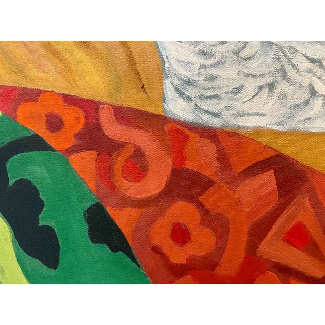 Marc Zimmerman "Siesta" Oil Painting, Orange Cat at Rest, Tropical Interior, Navy Gold Zigzag Pattern, Contemporary Art West Coast For Sale - Image 4 of 6