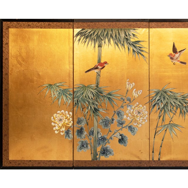 Stunning Antique Style Chinoiserie 4-panel Painted folding screen depicts Bamboo, Chrysanthemums, Peonies and two...