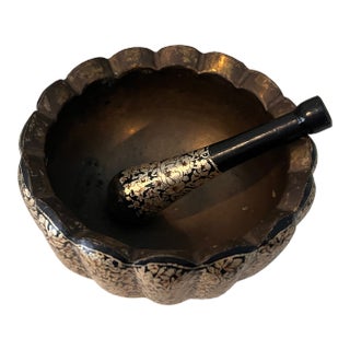 Vintage Mid Century Persian Chinoiserie Paper Mache and Brass Silver Leaf Floral Mortar and Pestle For Sale