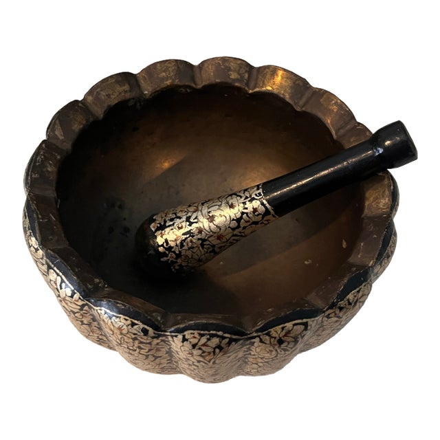 Vintage Mid Century Persian Chinoiserie Paper Mache and Brass Silver Leaf Floral Mortar and Pestle For Sale