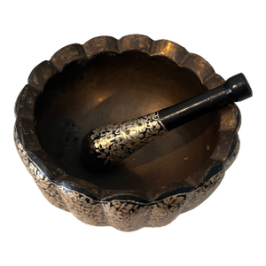 Vintage Mid Century Persian Chinoiserie Paper Mache and Brass Silver Leaf Floral Mortar and Pestle