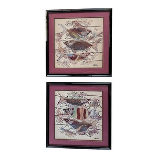 Fish Motif Batik Paintings by Master Batik Artist M. Yono - Set of 2 For Sale