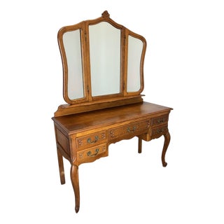 Vintage French Louis Style Oak Dressing Table with Mirror For Sale