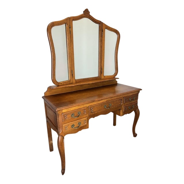 Vintage French Louis Style Oak Dressing Table with Mirror For Sale