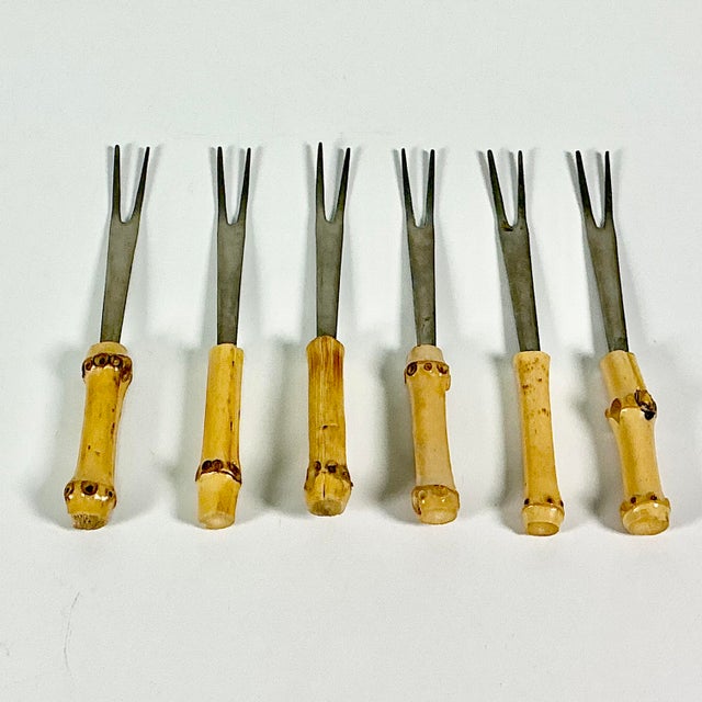 1970s 1970s Vintage Hollywood Regency Coastal Boho Chic Bamboo Handle Stainless Steel Appetizer Picks - Set of 6 For Sale - Image 5 of 7
