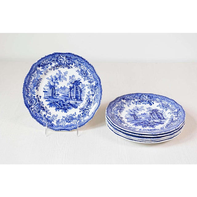 English English 19th Century Transfer Blue and White Plates with Ruins and Floral Décor For Sale - Image 3 of 6
