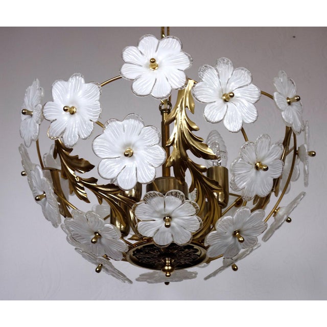 1990s Gilded Metal and Glass Flower 4-Light Chandelier, 1990s For Sale - Image 5 of 12