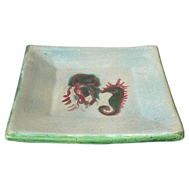 Decorative White and Green Ceramic Vide Poche with Sea Horse, 1960s For Sale