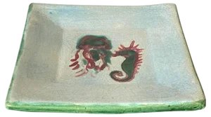Decorative White and Green Ceramic Vide Poche with Sea Horse, 1960s