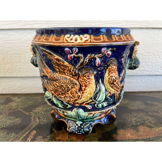 Antique Majolica Bird Planter Cache Pot Jardinière Cobalt Blue Wasmuël C1890 For Sale In Dallas - Image 6 of 18