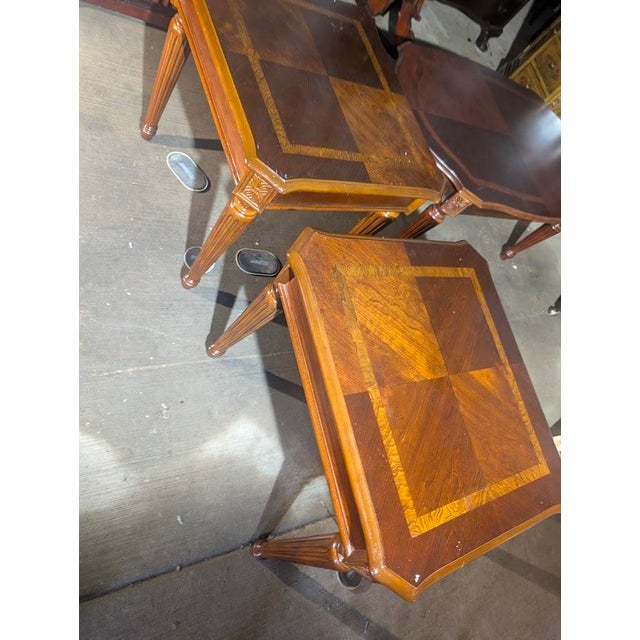 French Provincial Mid 20th Century Matching Parquetry Inlaid 3-Piece Occasional Table Set For Sale - Image 3 of 11
