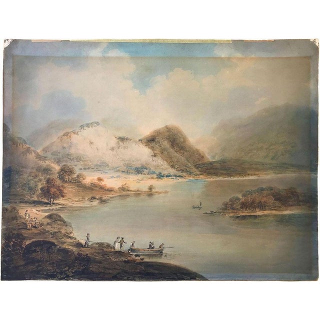 An original early 19th-century watercolour painting, william anderson, figures boarding ferry in estuary landscape.an...