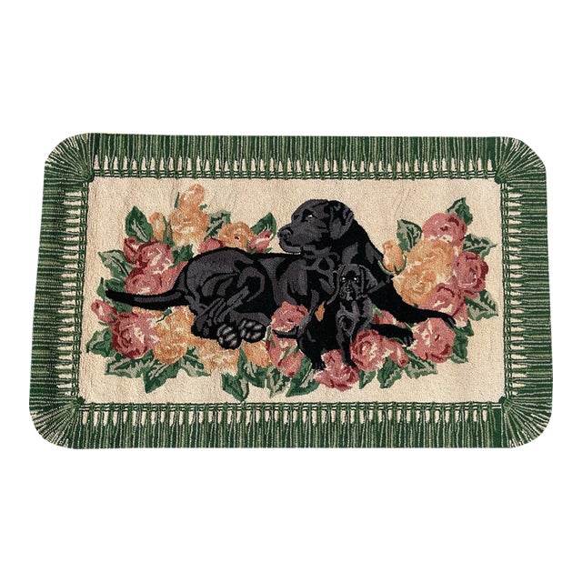 Hand-Hooked Wool Accent Rug With a Black Labrador Retriever and Puppy For Sale