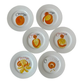 1990s Limoges France Orange Print Plates; Set of 6 For Sale