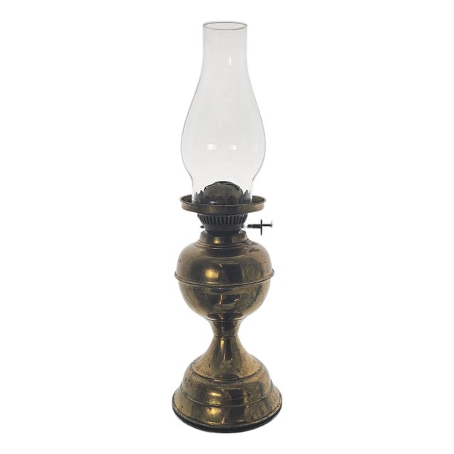 Victorian Brass Duplex Oil Lamp With Patina and Glass Chimney For Sale