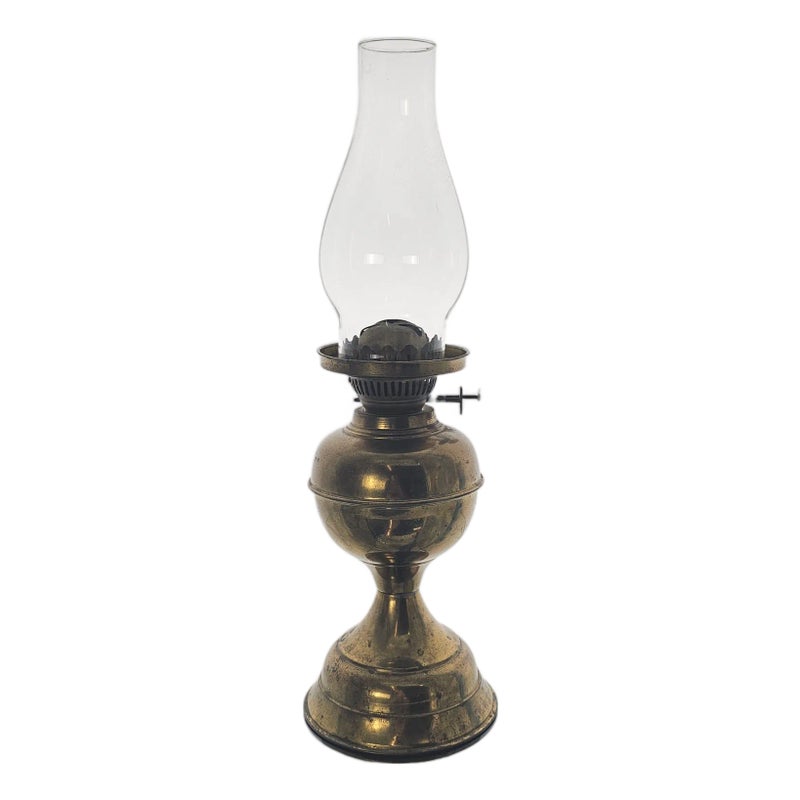 Victorian Brass Duplex Oil Lamp With Patina And Glass Chimney
