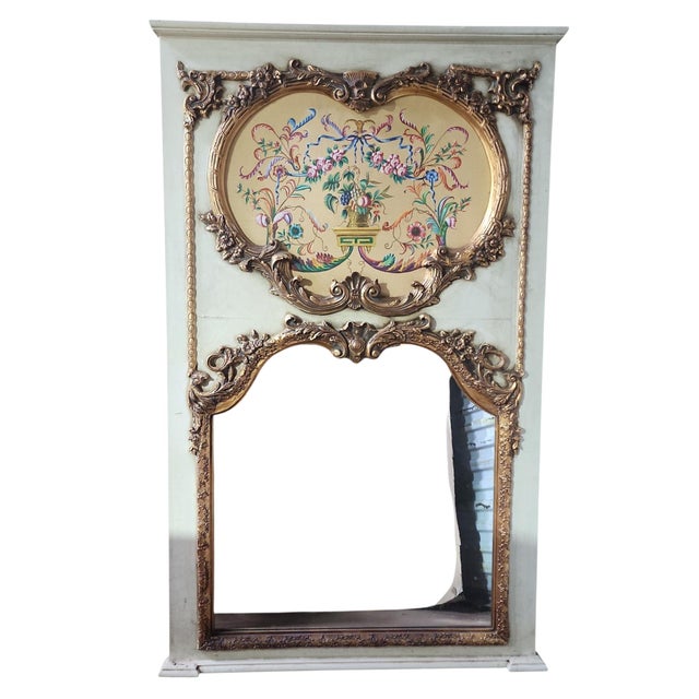 Rare pair large Louis XIV style handpainted gilt trumeau mirrors, both in excellent condition for the age, minor wear as...