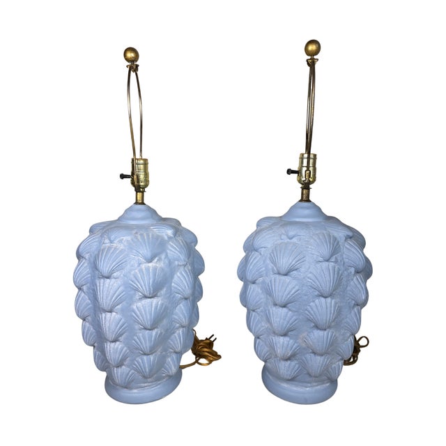 Vintage Hollywood Regency Blue Scallop Shell Lamps |- Coastal Neoclassical - a Pair For Sale - Image 4 of 12