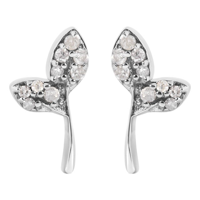 925 Sterling Silver 1/16ct TDW Diamond Leaf Earrings, Pair For Sale