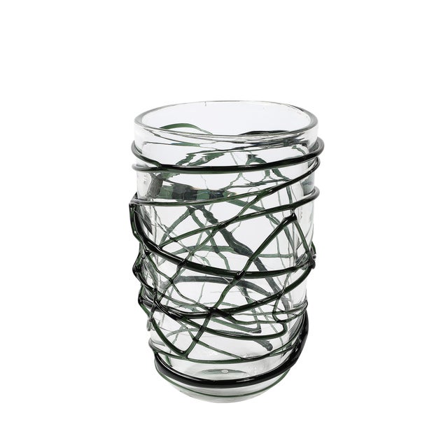 Modern Hand-Blown Murano Glass Vases With Organic Viridian Green Sculptural Striations For Sale - Image 3 of 12