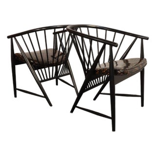 Vintage Pair Swedish Ebonized Beechwood Sunfeather Lounge Chairs by Sonna Rosen For Sale