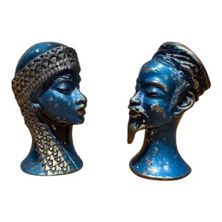 Blue and Gold-Toned Bust Figurines Male & Female Paper Weights For Sale