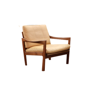 Ocher Leather & Teak Easy Armchair by Niels Eilersen for Illum Wikkelsø, 1960s