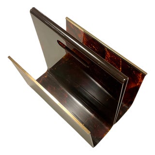 Faux Tortoise Acrylic Glass and Brass Magazine Rack from Maison Mercier, France, 1970s For Sale