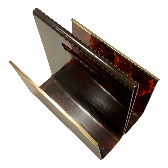 Faux Tortoise Acrylic Glass and Brass Magazine Rack from Maison Mercier, France, 1970s For Sale