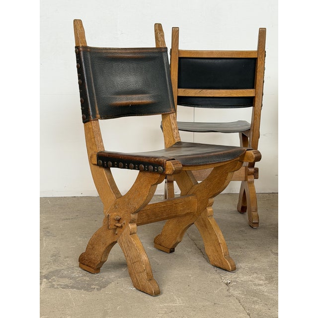 Mid 20th Century Brutalist Dutch Oak and Leather X-Frame Chairs by Bram Sprij, 1960s, Set of 6 For Sale - Image 5 of 16