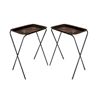 Mid-Century Black Metal Serving Trays on Folding Stand from CrestLine, 1960s, Set of 2 For Sale