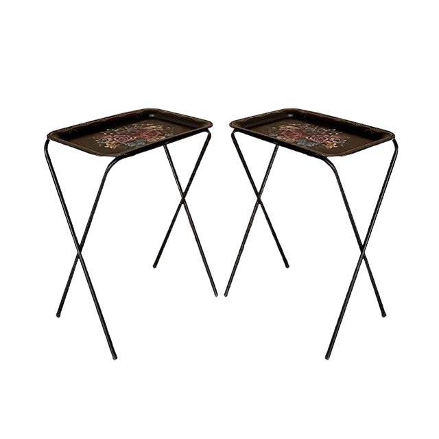 Mid-Century Black Metal Serving Trays on Folding Stand from CrestLine, 1960s, Set of 2 For Sale