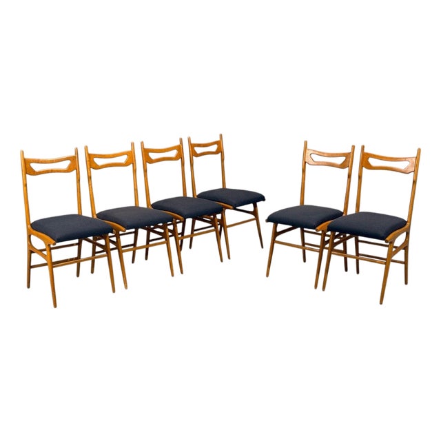 Vittorio Vago Mobili, Six Dining Chairs, Fruitwood, Fabric, Italy, 1960s For Sale