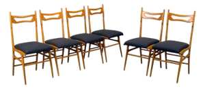 Vittorio Vago Mobili, Six Dining Chairs, Fruitwood, Fabric, Italy, 1960s