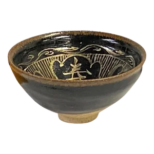 Chinese Ware Brown Black Glaze Characters Ceramic Bowl Cup Display