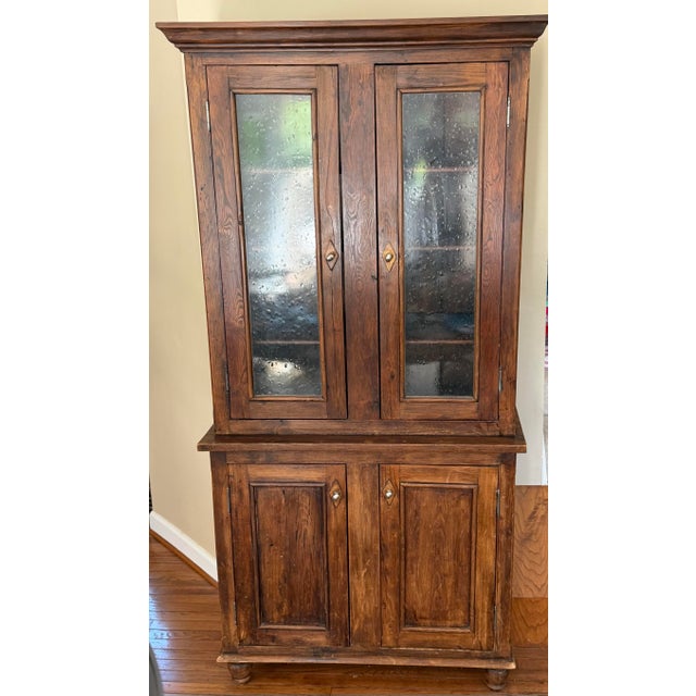 Antique-Style Pine Step-Back Hutch With Wavy Seedy Glass Doors For Sale - Image 9 of 10