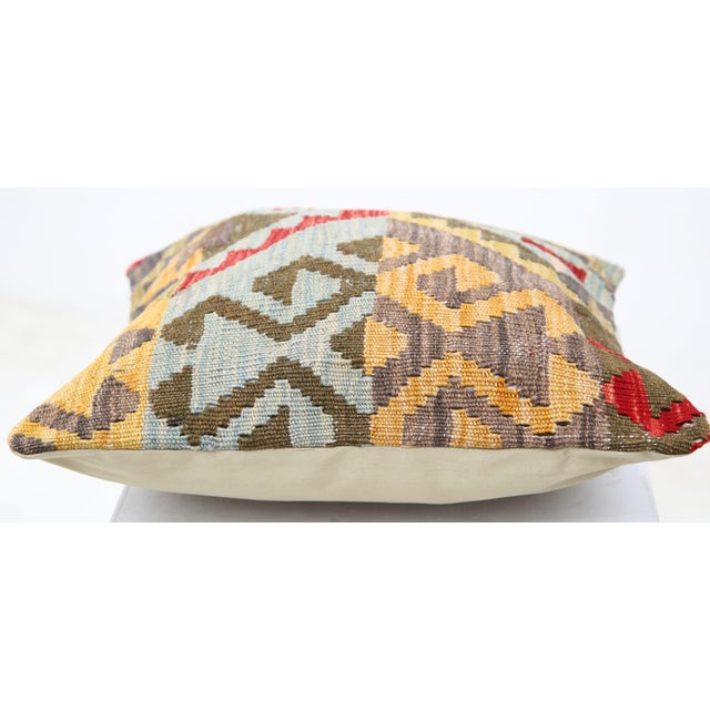 Tribal Arteverk Handwoven Afghan Kilim Pillow — Red & Gold Geometric Patchwork For Sale - Image 3 of 3