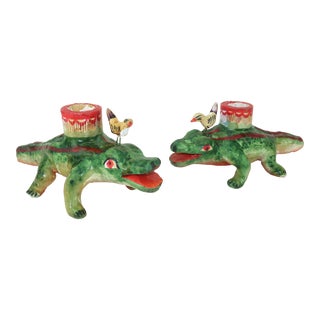 Vintage Mexican Folk Art Ceramic Alligator Candle Holders, a Pair For Sale