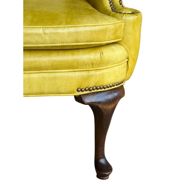 Vintage Shuford Furniture Yellow Leatherette Wingback Armchair | Queen Anne Style Faux Leather Accent Chair | Traditional Hollywood Regency For Sale - Image 12 of 14