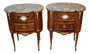 1890s Antique French Louis XV Walnut Marble Top Pair Nightstands Bedside Tables