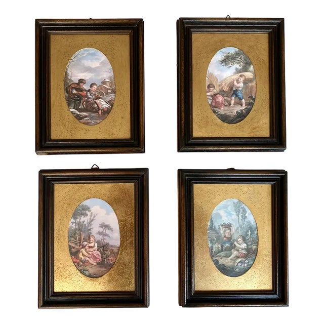 Vintage Victorian Style Framed Wall Panels Depicting Children & Seasons, Italy, 1970, Set of 2 For Sale