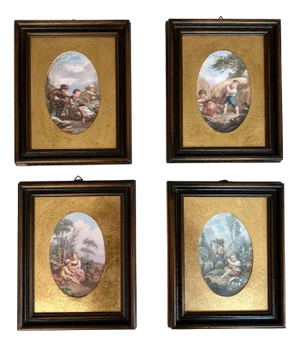 Vintage Victorian Style Framed Wall Panels Depicting Children & Seasons, Italy, 1970, Set of 2