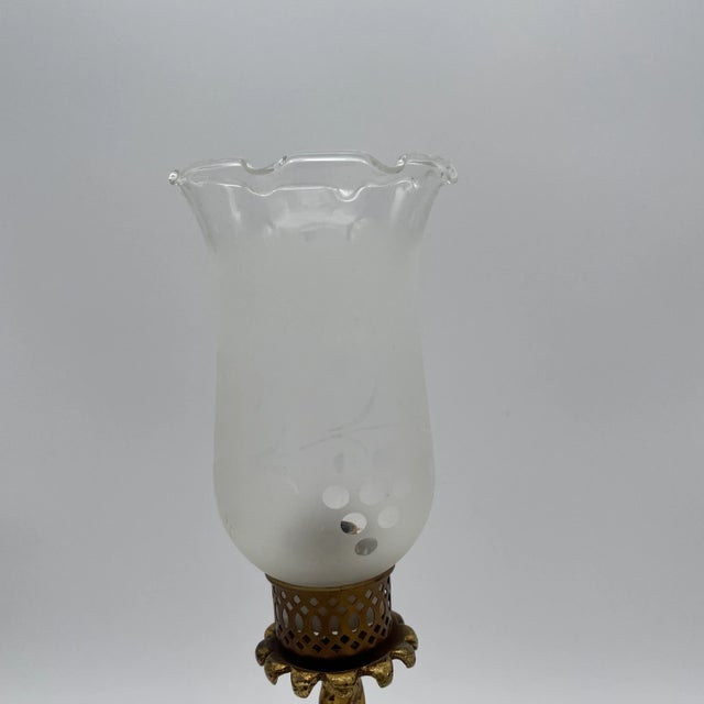 Lovely Italian Gold Gilt Metal Candelstick Lamp with an etched hurricane shade with ruffled edge and cut clear...