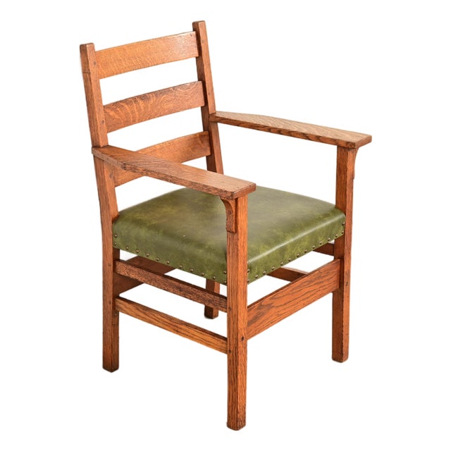 Gustav Stickley Antique Mission Oak Arts & Crafts Ladder Back Armchair, Circa 1910 For Sale
