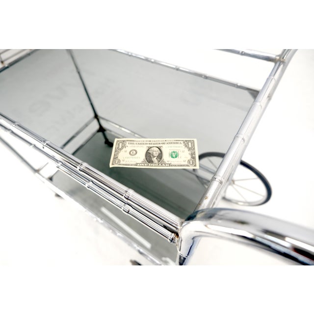 Mid-Century Modern Italian Chrome Faux Bamboo Smoked Glass Two Tiers Serving Cart Bar Table MINT For Sale - Image 3 of 11