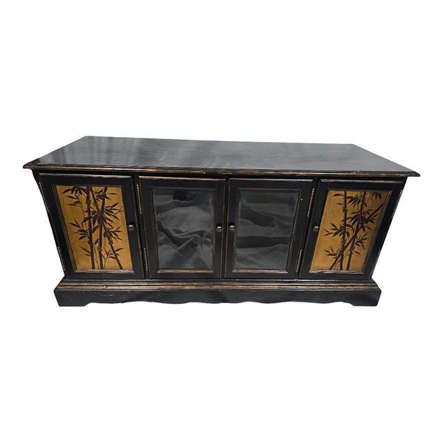 Mid 20th Century Asian-Inspired Black Lacquer Credenza With Hand-Painted Bamboo Panels For Sale