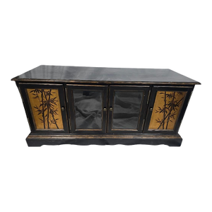 Mid 20th Century Asian-Inspired Black Lacquer Credenza With Hand-Painted Bamboo Panels