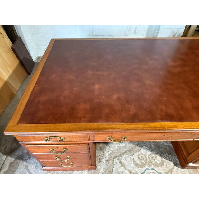 Wood 19th Century Large Size Antique English Geogra Style Oak Leather Top Double Pedestal Partner Executive Desk For Sale - Image 7 of 18