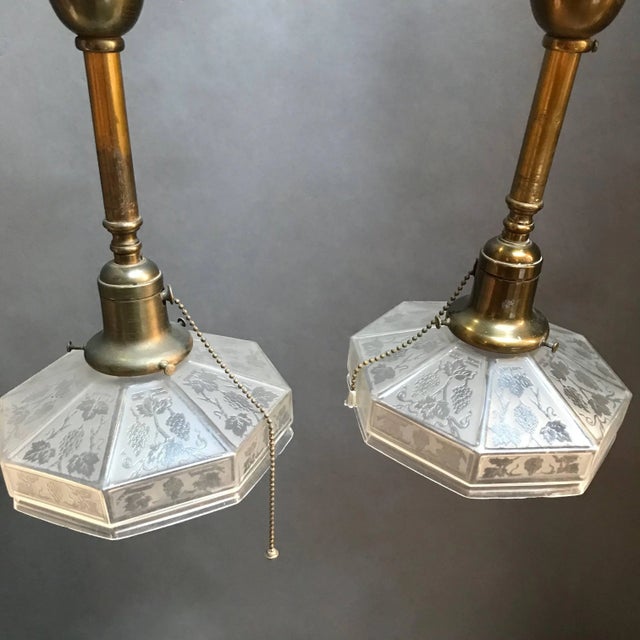Industrial Etched Octagonal Glass Pendant Lights on Brass Poles - a Pair For Sale In New York - Image 6 of 7